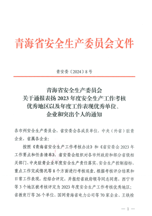 喜報！2023年度安全生產(chǎn)工作優(yōu)秀企業(yè)和突出個人名單揭曉！